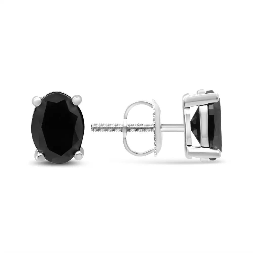 .925 Sterling Silver Prong Set Treated Black Oval Diamond Stud Earring (black Color I2-i3 Clarity) - Fine Jewelry