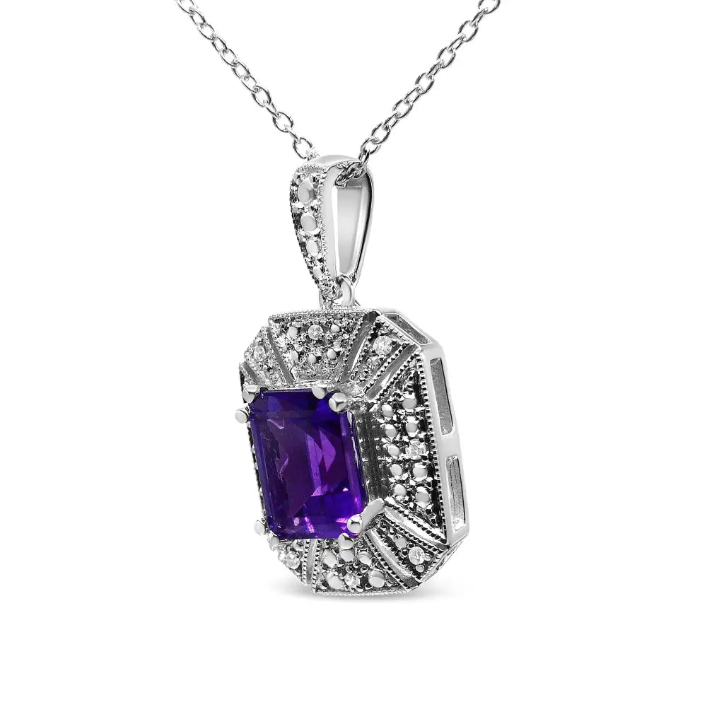 .925 Sterling Silver Purple Amethyst and Diamond Accent Art Deco Style 18’’ Pendant Necklace (i-j Color I1-i2