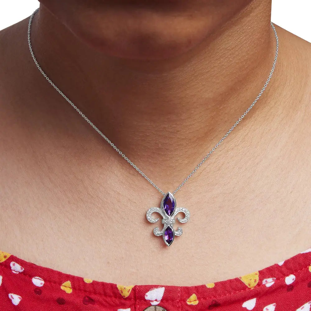 .925 Sterling Silver Purple Amethyst Marquise and Diamond Accent Fleur De Lis Pendant Necklace (h-i Color Si1-si2