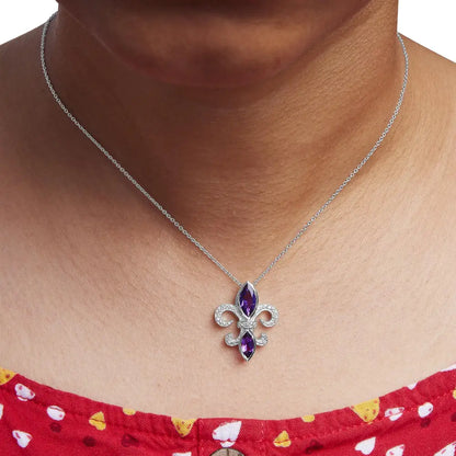 .925 Sterling Silver Purple Amethyst Marquise and Diamond Accent Fleur De Lis Pendant Necklace (h-i Color Si1-si2