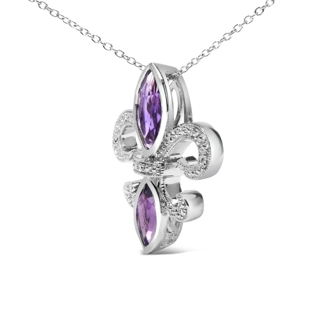 .925 Sterling Silver Purple Amethyst Marquise and Diamond Accent Fleur De Lis Pendant Necklace (h-i Color Si1-si2