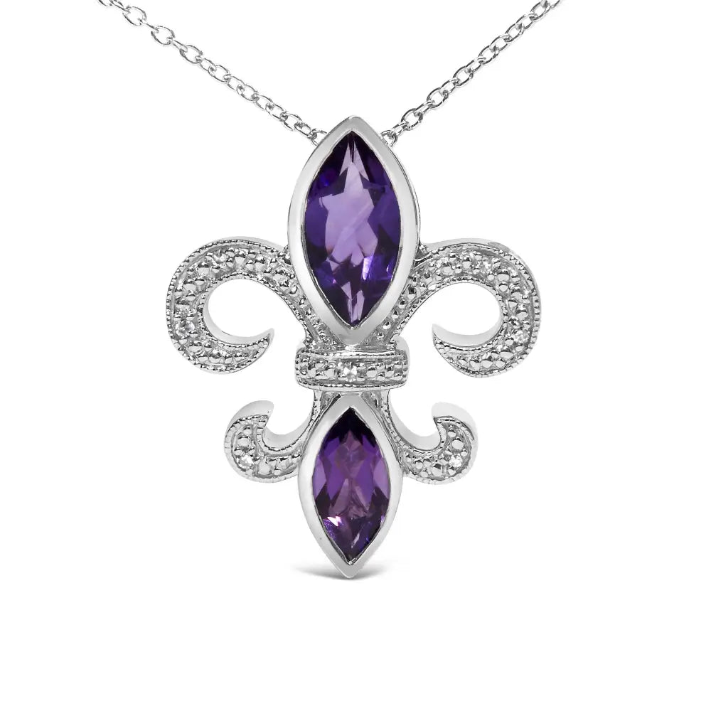 .925 Sterling Silver Purple Amethyst Marquise and Diamond Accent Fleur De Lis Pendant Necklace (h-i Color Si1-si2