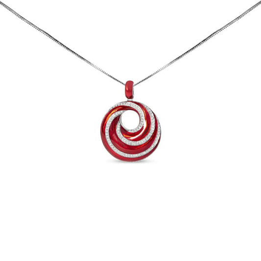 .925 Sterling Silver Red Enamel and 1/2 Diamond Endless Swirl Medallion 18’’ Pendant Necklace (f-g Color Vs1-vs2