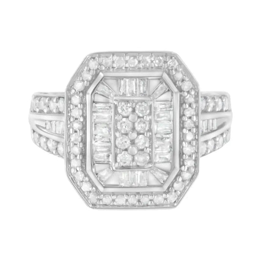 .925 Sterling Silver Round and Baguette Diamond Cathedral Ring (0.75 Cttw H-i Color I2-i3 Clarity) - Fine Jewelry