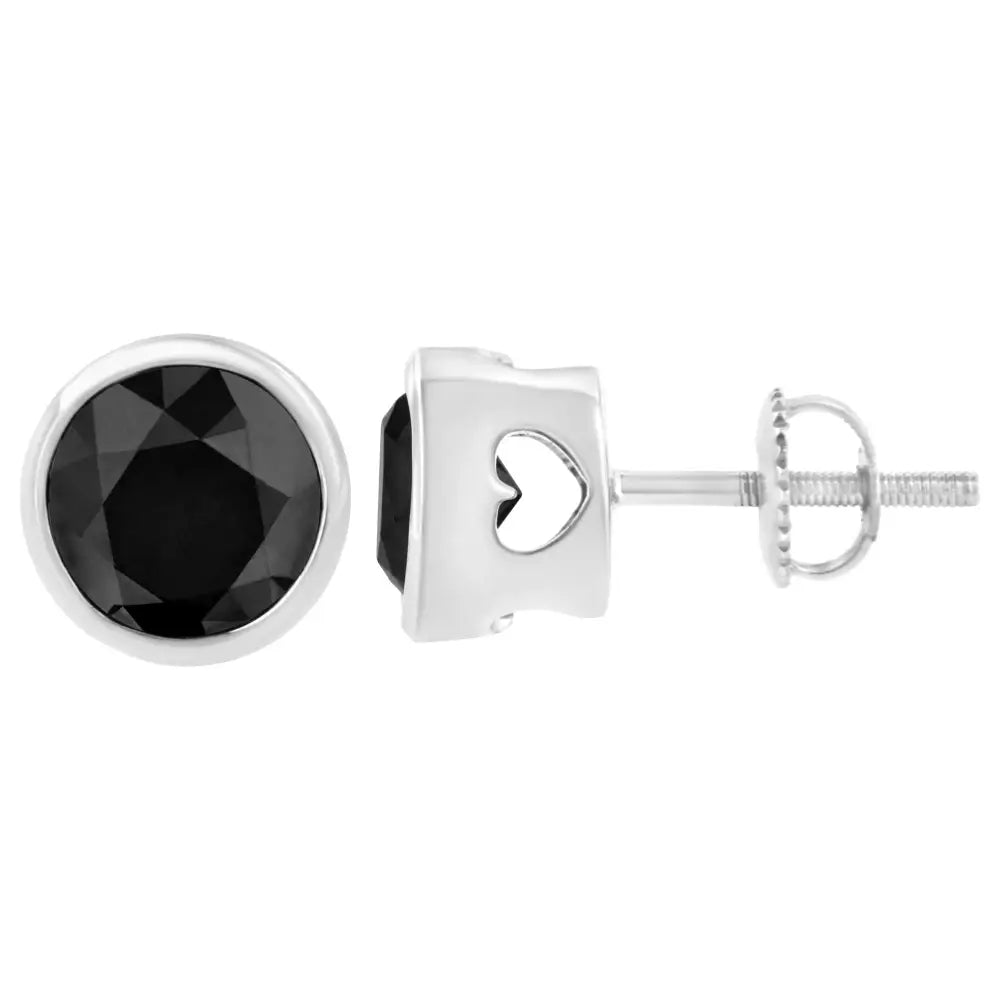 .925 Sterling Silver Round Brilliant-cut Black Diamond Bezel-set Stud Earrings with Screw Backs (fancy Color-enhanced