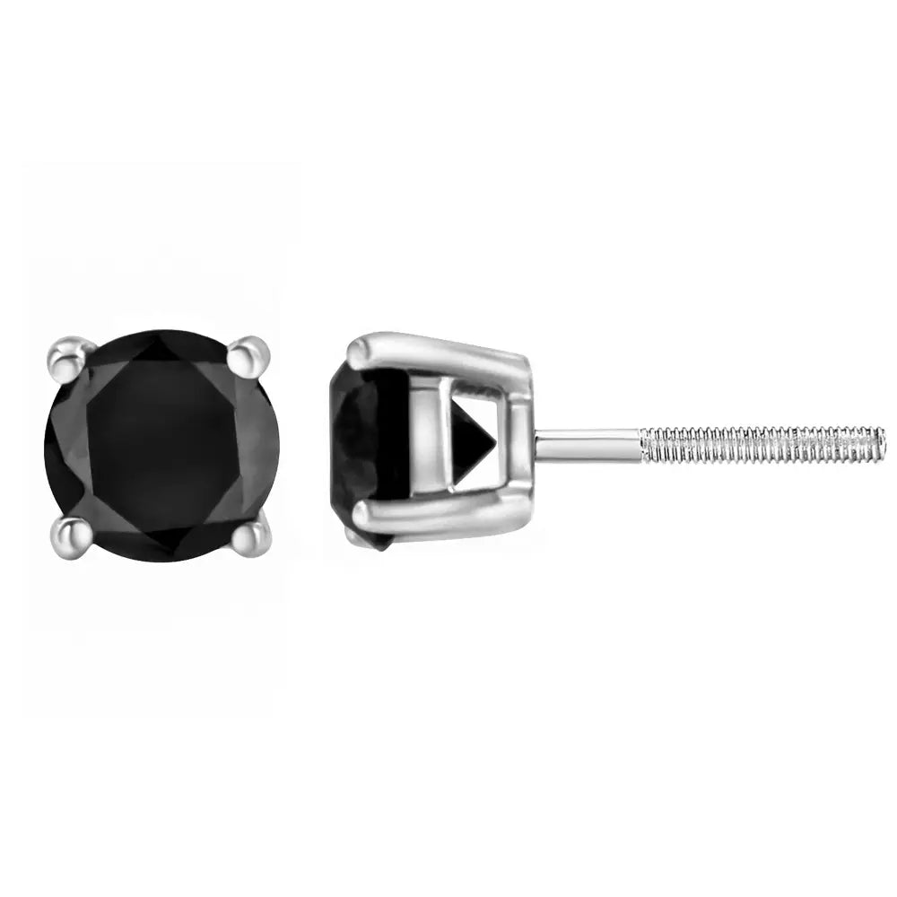 .925 Sterling Silver Round Brilliant-cut Black Diamond Bezel-set Stud Earrings with Screw Backs (fancy Color-enhanced