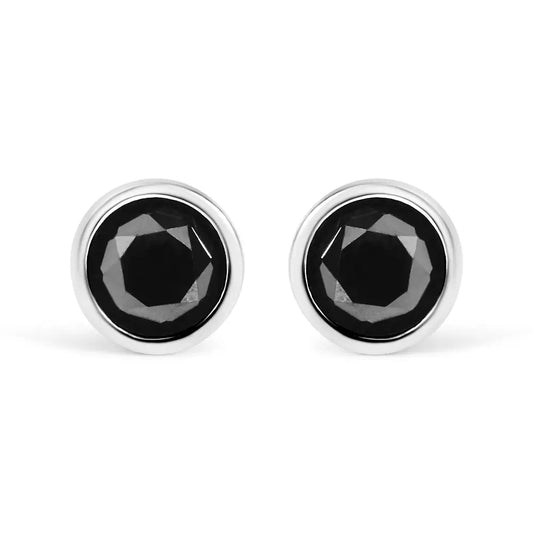 .925 Sterling Silver Round Brilliant-cut Black Diamond Bezel-set Stud Earrings with Screw Backs (fancy Color-enhanced