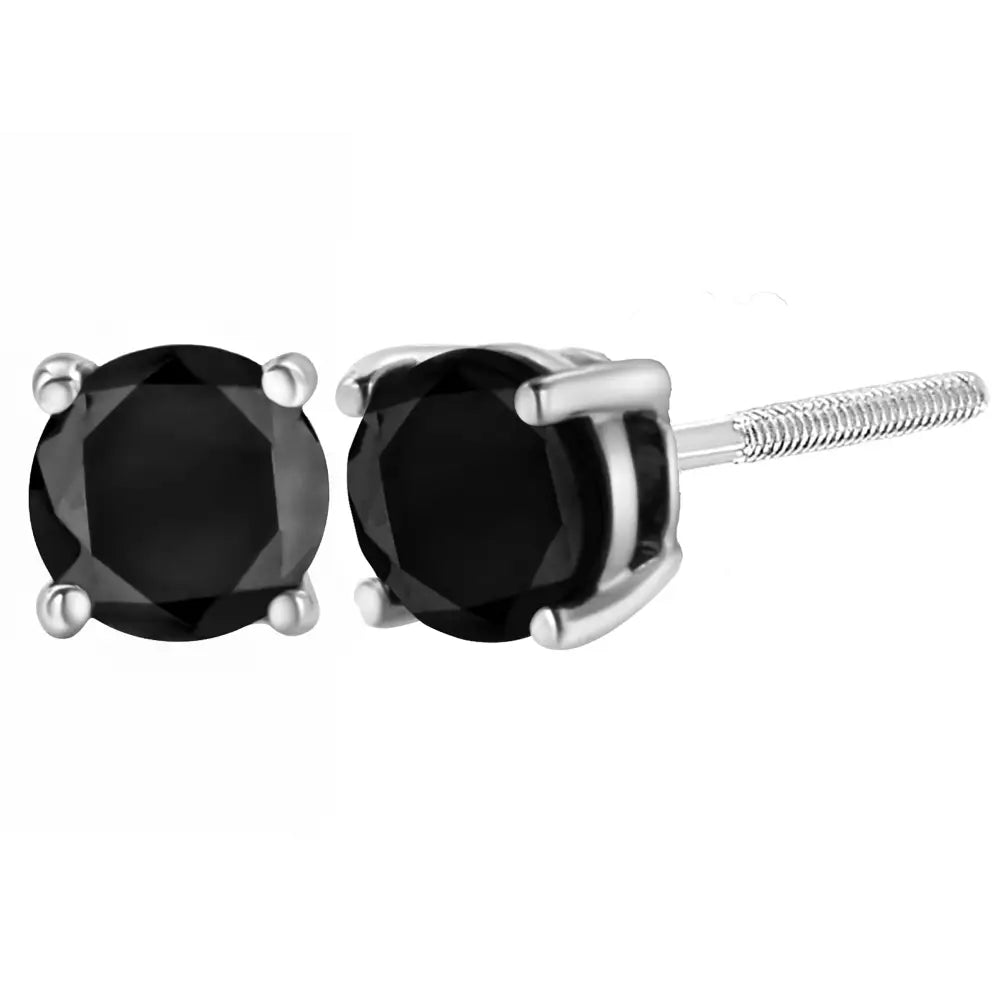 .925 Sterling Silver Round Brilliant-cut Black Diamond Bezel-set Stud Earrings with Screw Backs (fancy Color-enhanced