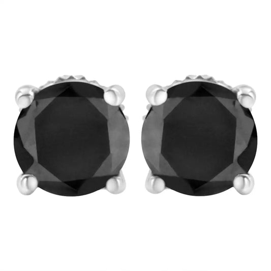 .925 Sterling Silver Round Brilliant-cut Black Diamond Classic 4-prong Stud Earrings with Screw Backs (fancy