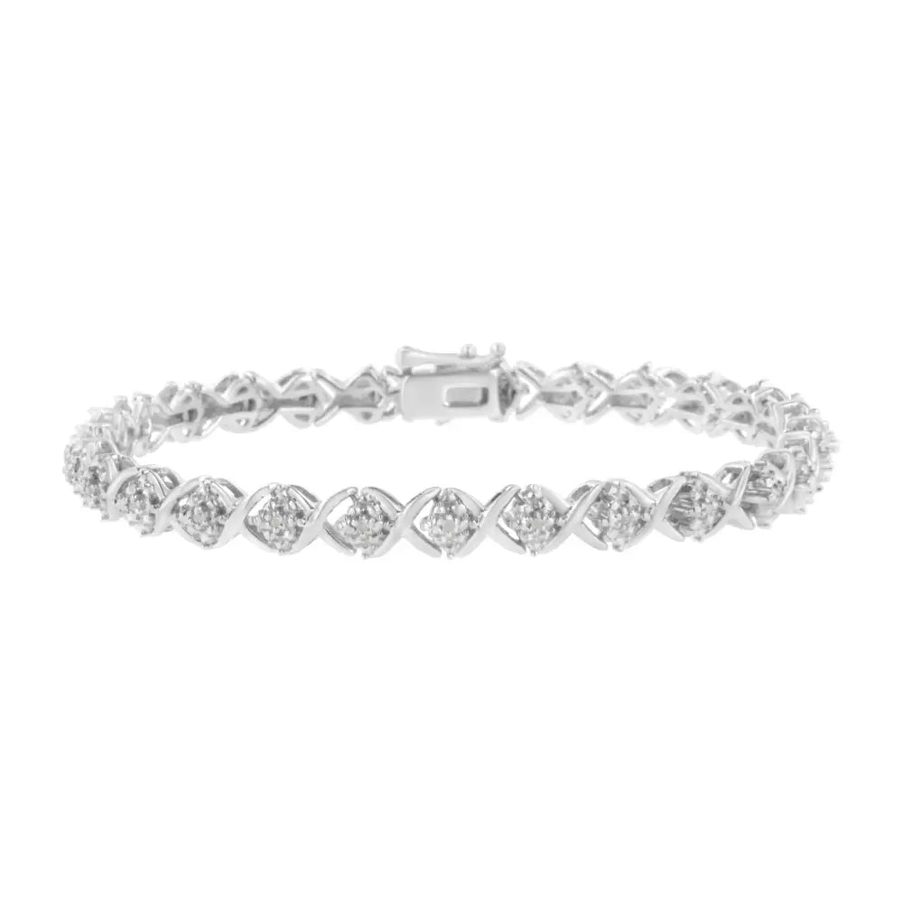 .925 Sterling Silver Round-cut Diamond Accent Floral Cluster and ?X’ Link Bracelet (i-j Color I3 Clarity)