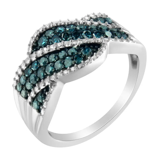 .925 Sterling Silver Treated Blue Color Diamond Cocktail Ring (1/2 Cttw I2-i3 Clarity) - Fine Jewelry us Direct