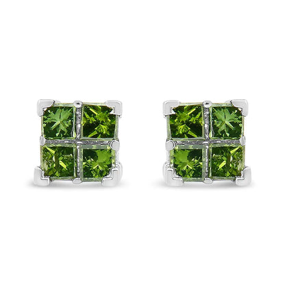 .925 Sterling Silver Treated Green Princess-cut Diamond 4 Stone Composite Quad Stud Earring (green Color I1-i2 Clarity)