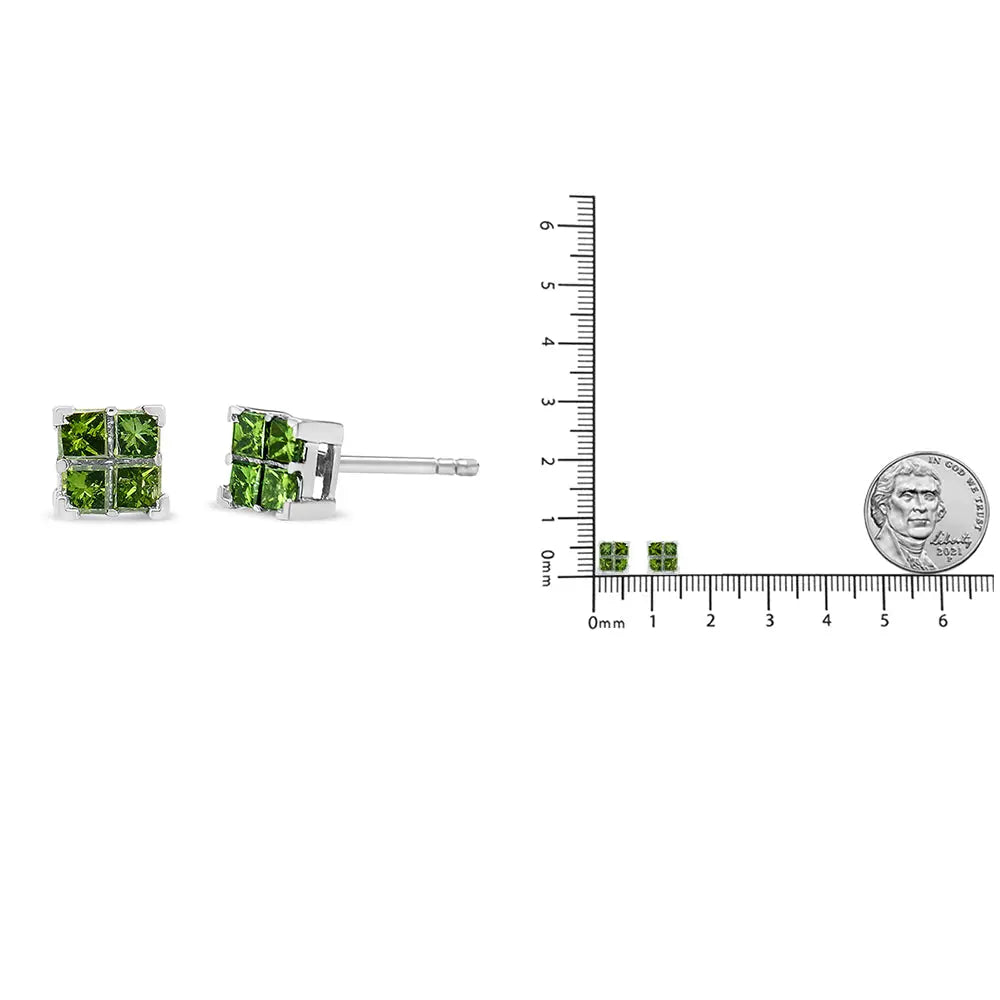 .925 Sterling Silver Treated Green Princess-cut Diamond 4 Stone Composite Quad Stud Earring (green Color I1-i2 Clarity)