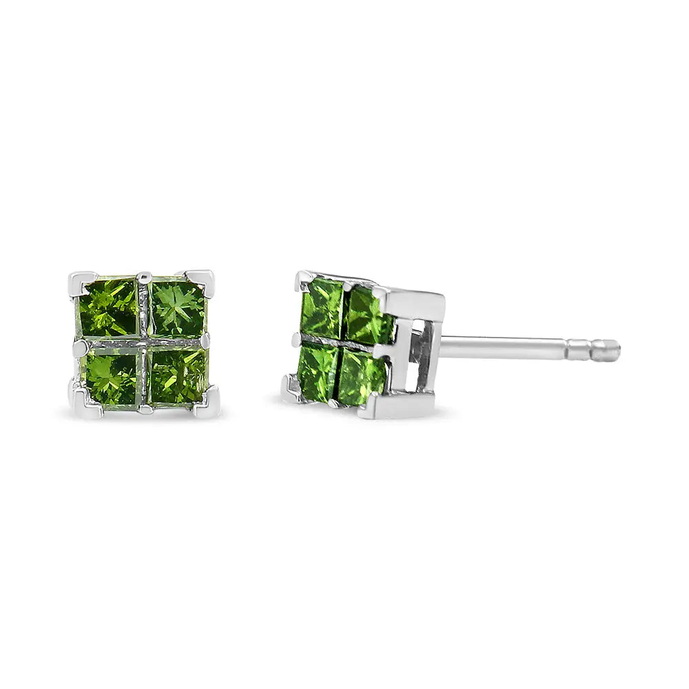 .925 Sterling Silver Treated Green Princess-cut Diamond 4 Stone Composite Quad Stud Earring (green Color I1-i2 Clarity)