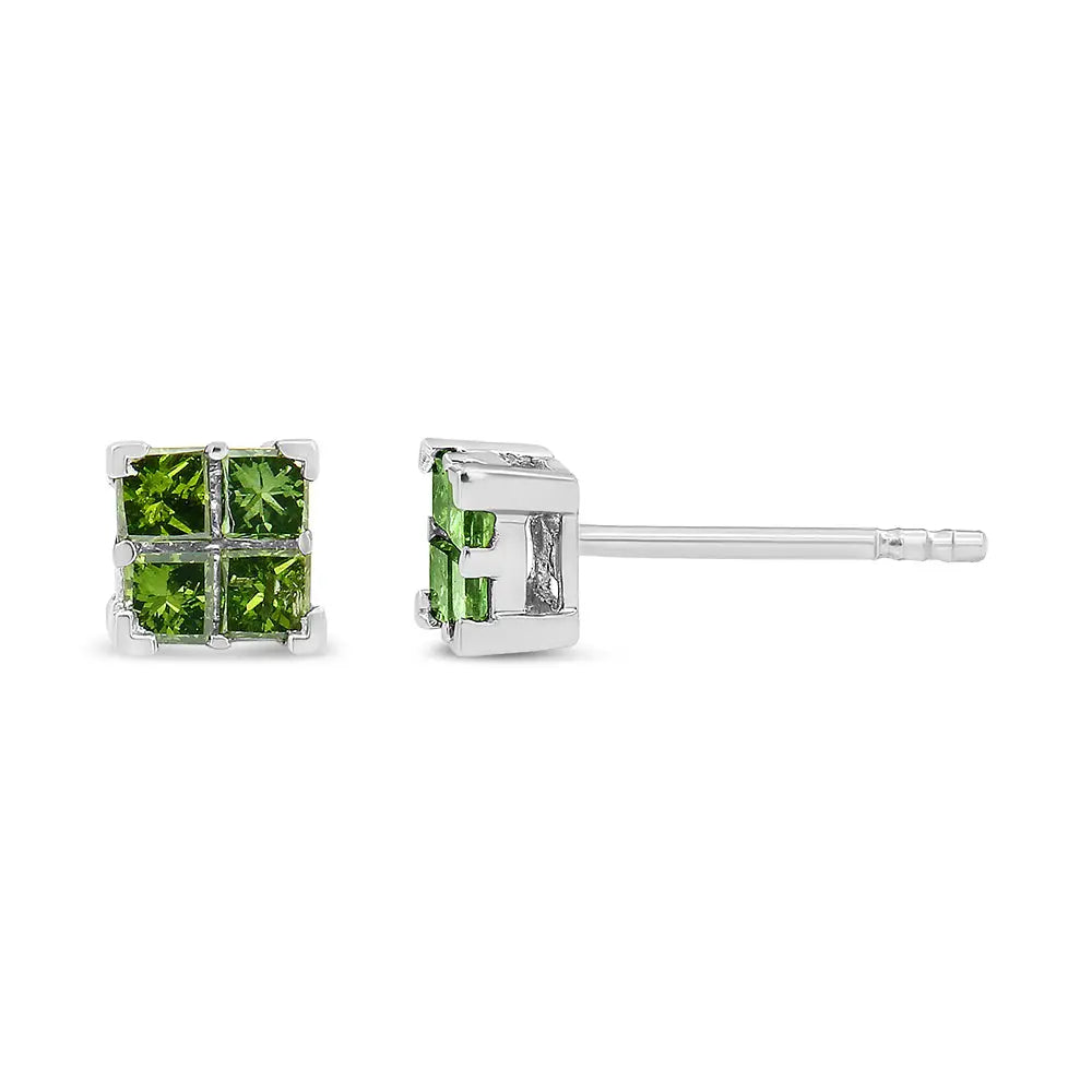 .925 Sterling Silver Treated Green Princess-cut Diamond 4 Stone Composite Quad Stud Earring (green Color I1-i2 Clarity)