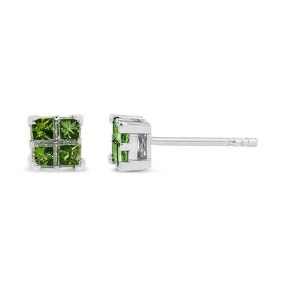 .925 Sterling Silver Treated Green Princess-cut Diamond 4 Stone Composite Quad Stud Earring (green Color I1-i2 Clarity)