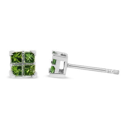 .925 Sterling Silver Treated Green Princess-cut Diamond 4 Stone Composite Quad Stud Earring (green Color I1-i2 Clarity)