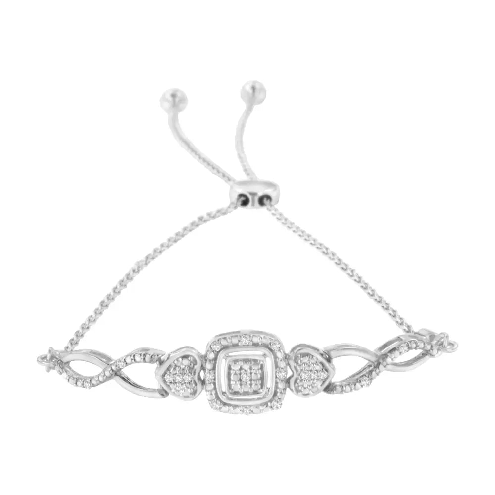 Adjustable Sterling Silver Diamond Cushion Frame Heart-sides Bolo Bracelet