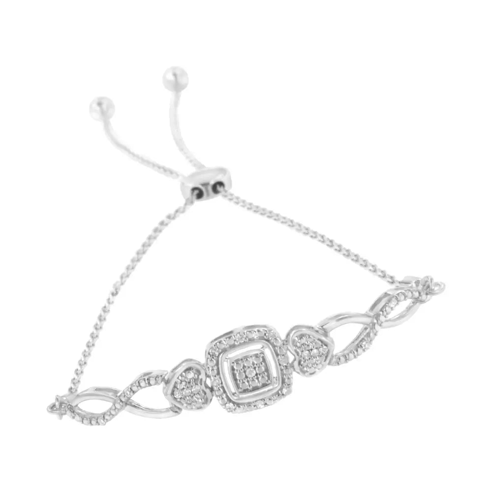 Adjustable Sterling Silver Diamond Cushion Frame Heart-sides Bolo Bracelet