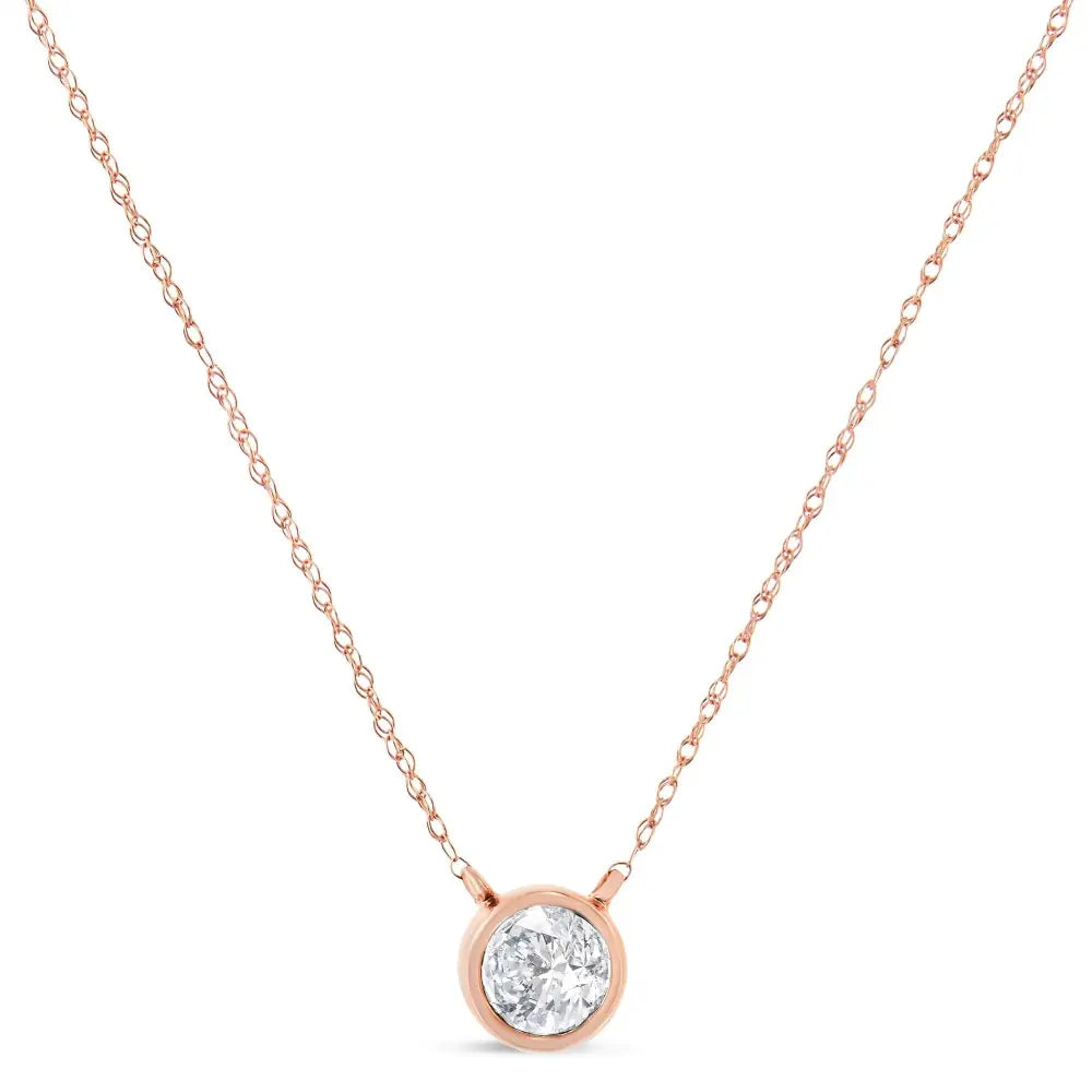 Ags Certified 10k Rose Gold 1/5 Cttw Bezel Set Round Diamond Solitaire 16-18’’ Adjustable Pendant Necklace (i-j