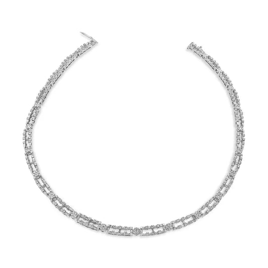 Ags Certified 14k White Gold 8 1/2 Cttw Diamond Alternating Bar and Floral Cluster Link 18’’ Choker Necklace (g-h