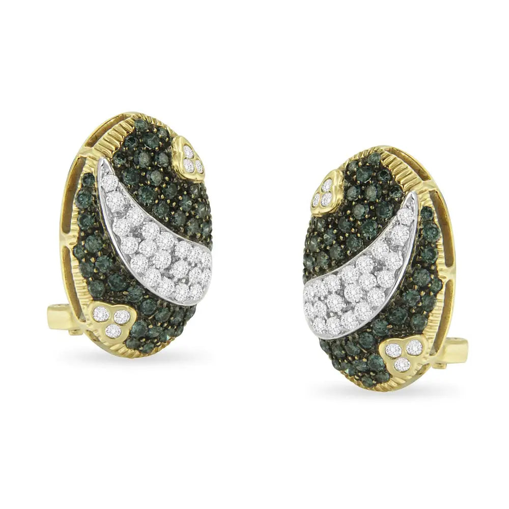 Black and White Rhodium Over 14k Yellow Gold 2-1/10 Cttw Blue Diamond Oval Omega Back Stud Earrings (h-i Color Si1-si2