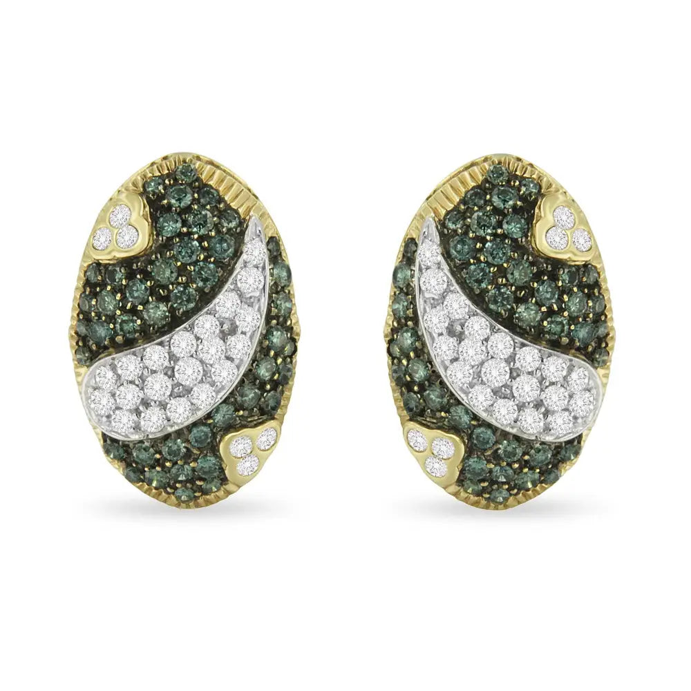 Black and White Rhodium Over 14k Yellow Gold 2-1/10 Cttw Blue Diamond Oval Omega Back Stud Earrings (h-i Color Si1-si2