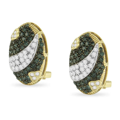 Black and White Rhodium Over 14k Yellow Gold 2-1/10 Cttw Blue Diamond Oval Omega Back Stud Earrings (h-i Color Si1-si2