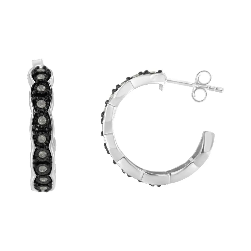 Black Rhodium and.925 Sterling Silver 1/4 Cttw Miracle Plate Set Diamond ?C’ Shape Hoop Earring(i-j Color I3 Clarity)