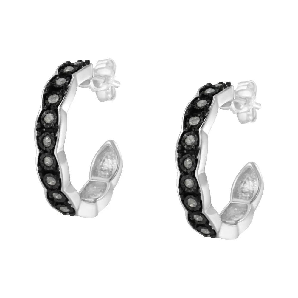 Black Rhodium and.925 Sterling Silver 1/4 Cttw Miracle Plate Set Diamond ?C’ Shape Hoop Earring(i-j Color I3 Clarity)