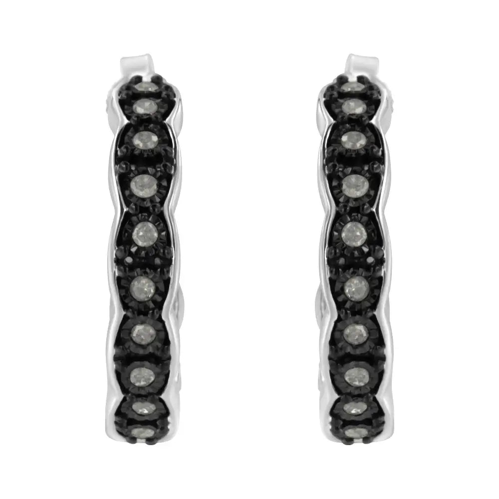 Black Rhodium and.925 Sterling Silver 1/4 Cttw Miracle Plate Set Diamond ?C’ Shape Hoop Earring(i-j Color I3 Clarity)