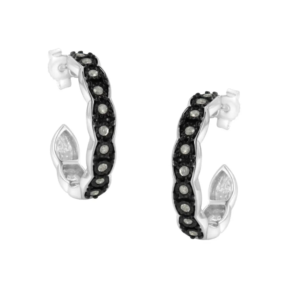 Black Rhodium and.925 Sterling Silver 1/4 Cttw Miracle Plate Set Diamond ?C’ Shape Hoop Earring(i-j Color I3 Clarity)