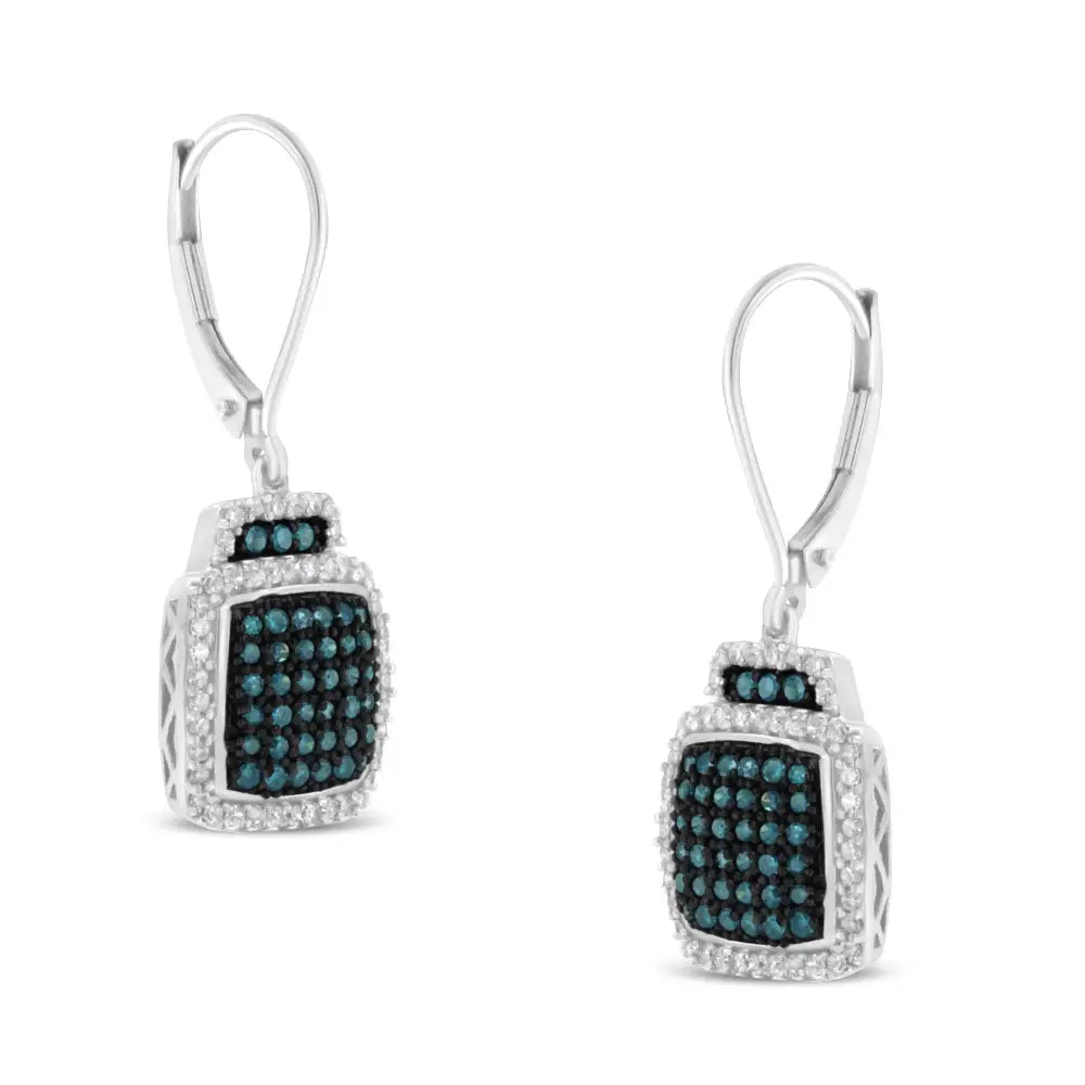 Black Rhodium Over.925 Sterling Silver ¾ Cttw Blue and White Diamond Cushion Shaped Dangle Earrings (enhanced & I-j