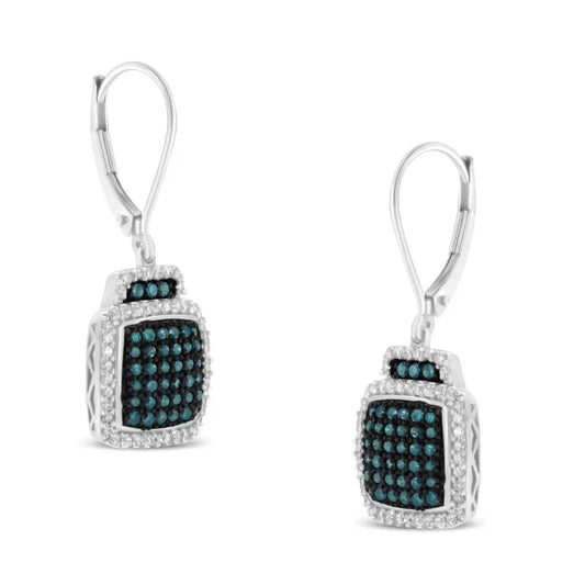 Black Rhodium Over.925 Sterling Silver ¾ Cttw Blue and White Diamond Cushion Shaped Dangle Earrings (enhanced & I-j