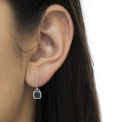 Black Rhodium Over.925 Sterling Silver ¾ Cttw Blue and White Diamond Cushion Shaped Dangle Earrings (enhanced & I-j