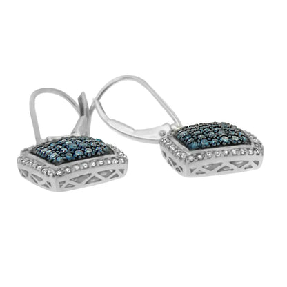 Black Rhodium Over.925 Sterling Silver ¾ Cttw Blue and White Diamond Cushion Shaped Dangle Earrings (enhanced & I-j