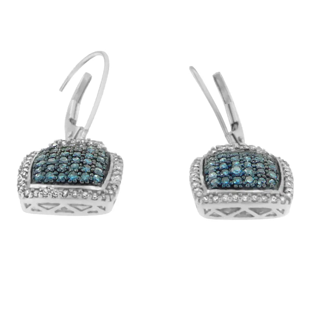 Black Rhodium Over.925 Sterling Silver ¾ Cttw Blue and White Diamond Cushion Shaped Dangle Earrings (enhanced & I-j