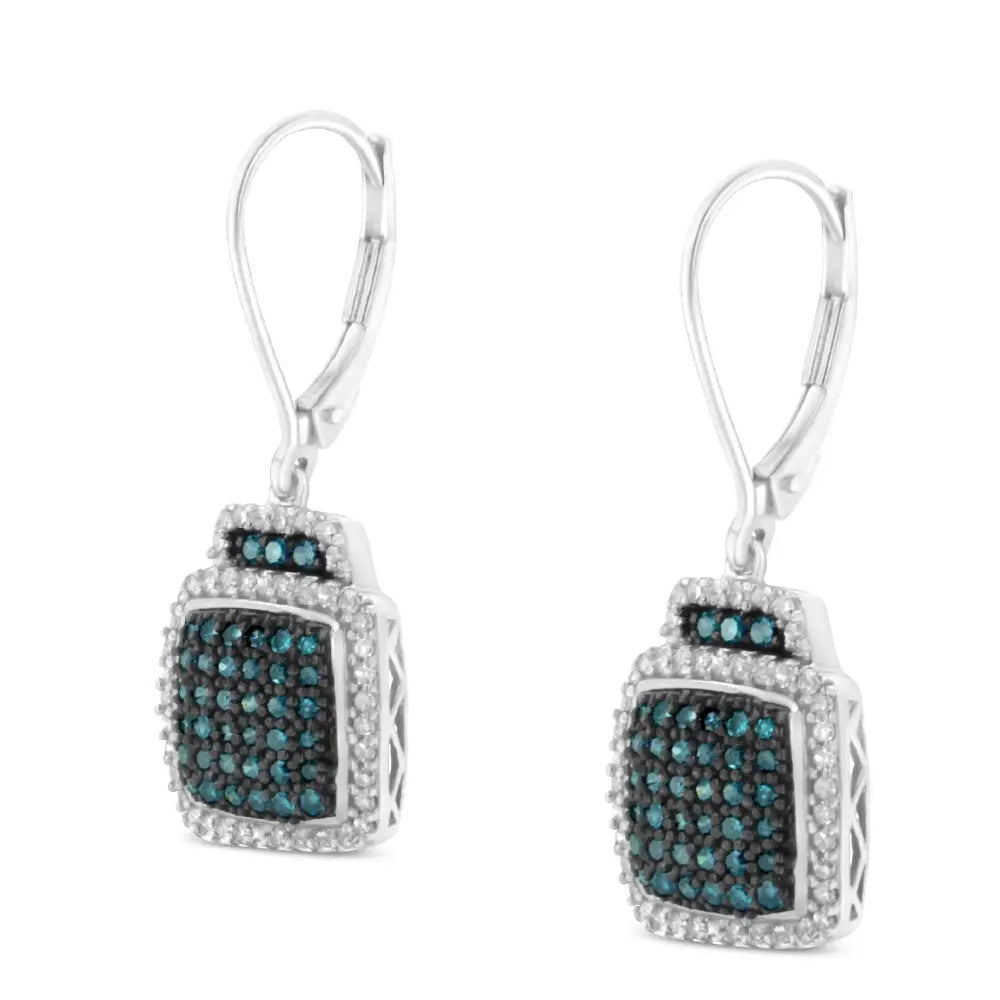 Black Rhodium Over.925 Sterling Silver ¾ Cttw Blue and White Diamond Cushion Shaped Dangle Earrings (enhanced & I-j