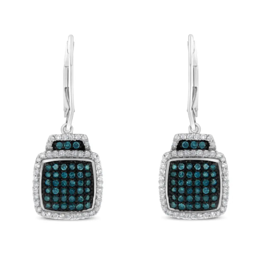 Black Rhodium Over.925 Sterling Silver ¾ Cttw Blue and White Diamond Cushion Shaped Dangle Earrings (enhanced & I-j