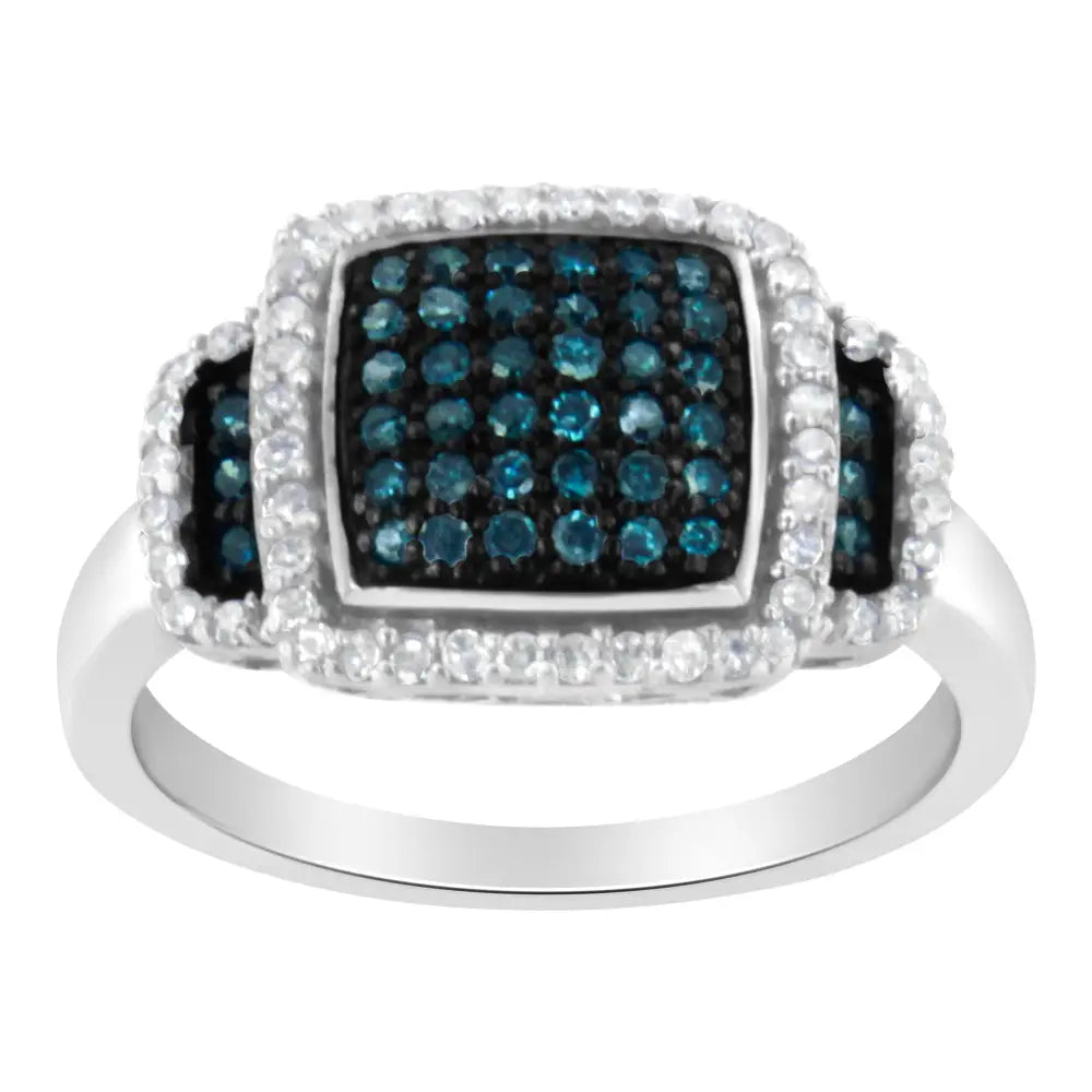 Black Rhodium Plated.925 Sterling Silver 1/2 Cttw White & Blue Diamond Square Halo Cocktail Ring (fancy H-i Color I2-i3