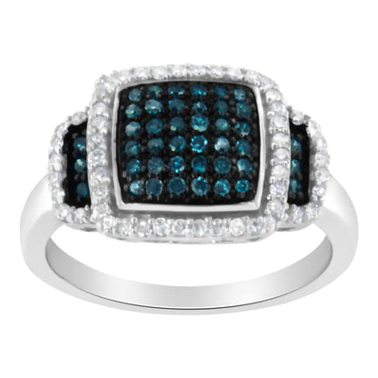 Black Rhodium Plated.925 Sterling Silver 1/2 Cttw White & Blue Diamond Square Halo Cocktail Ring (fancy H-i Color I2-i3