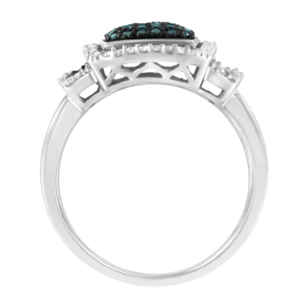 Black Rhodium Plated.925 Sterling Silver 1/2 Cttw White & Blue Diamond Square Halo Cocktail Ring (fancy H-i Color I2-i3