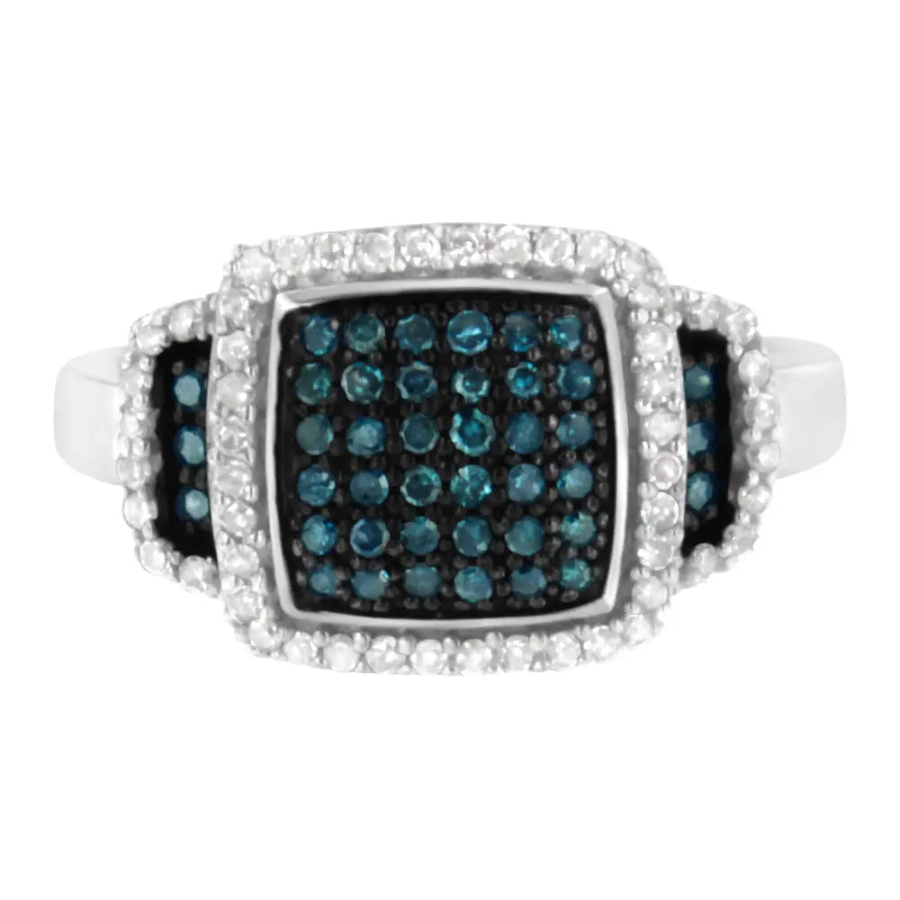 Black Rhodium Plated.925 Sterling Silver 1/2 Cttw White & Blue Diamond Square Halo Cocktail Ring (fancy H-i Color I2-i3