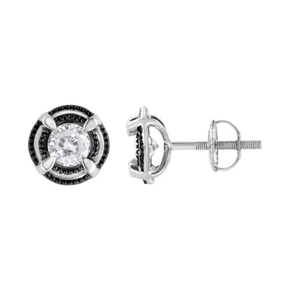 Black Rhodium Plated.925 Sterling Silver Round Diamond Double Halo 4-prong Solitaire Milgrain Stud Earrings - Fine