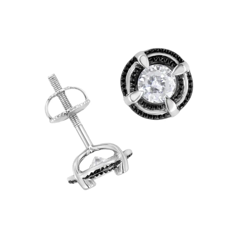 Black Rhodium Plated.925 Sterling Silver Round Diamond Double Halo 4-prong Solitaire Milgrain Stud Earrings - Fine