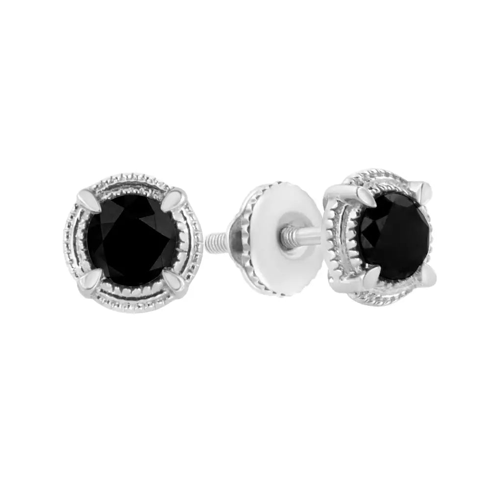 Black Rhodium Plated.925 Sterling Silver Round Diamond Double Halo 4-prong Solitaire Milgrain Stud Earrings - Fine