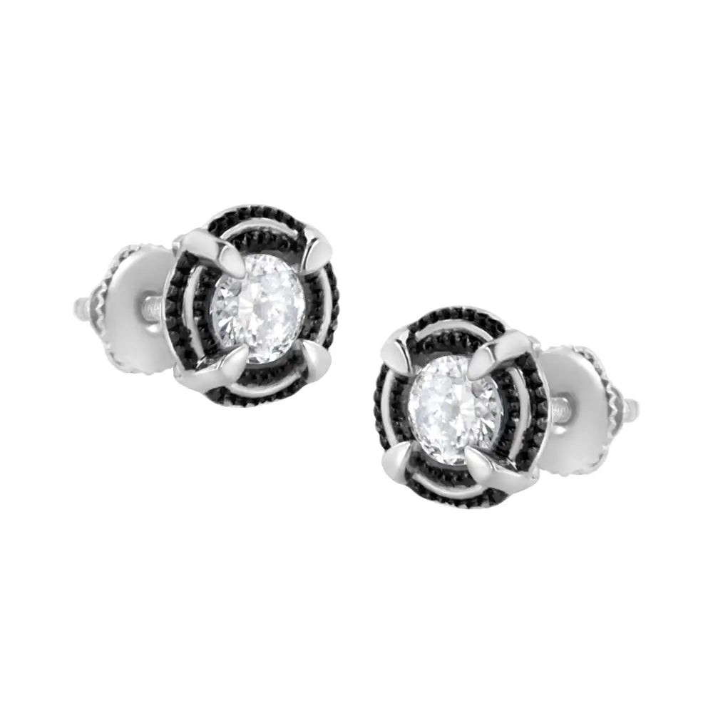 Black Rhodium Plated.925 Sterling Silver Round Diamond Double Halo 4-prong Solitaire Milgrain Stud Earrings - Fine