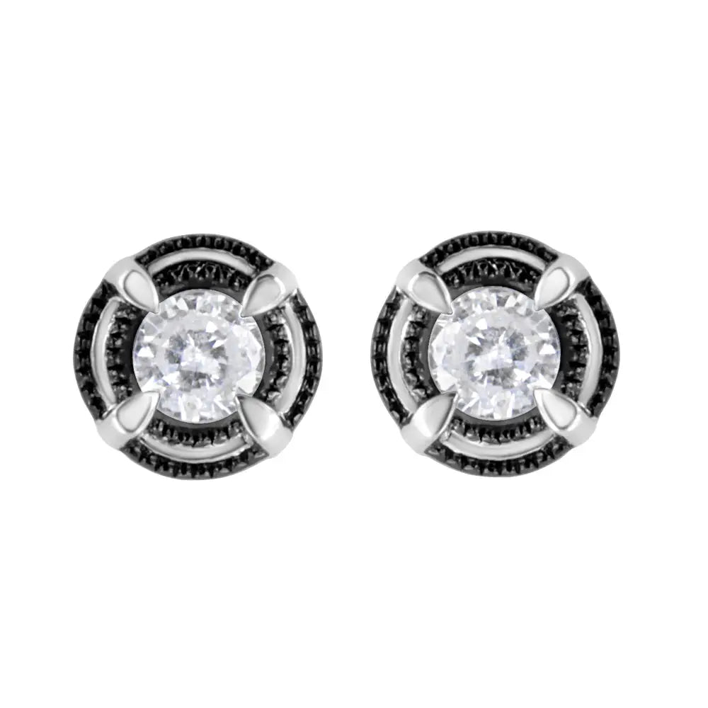 Black Rhodium Plated.925 Sterling Silver Round Diamond Double Halo 4-prong Solitaire Milgrain Stud Earrings - Fine