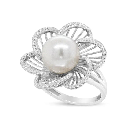 Captivating 14k White Gold Flower Ring with 11mm Round Pearl and Diamonds - 7