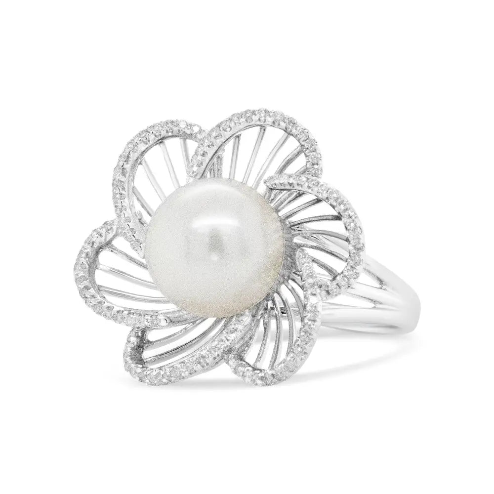 Captivating 14k White Gold Flower Ring with 11mm Round Pearl and Diamonds - 7